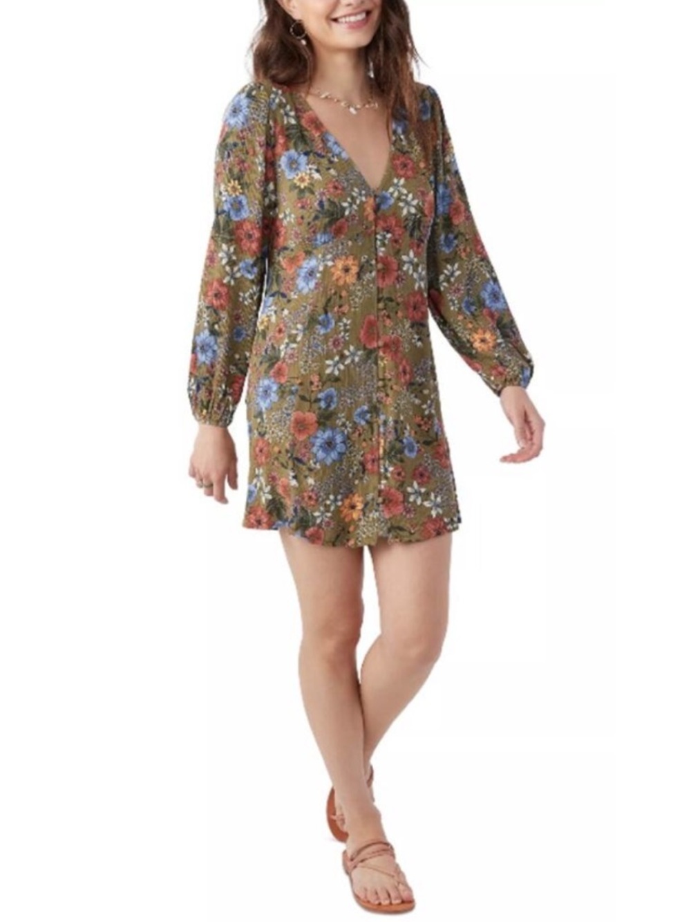 NEW O'Neill Green Floral Dress Size Small Mini Long Sleeve Button Front Olive